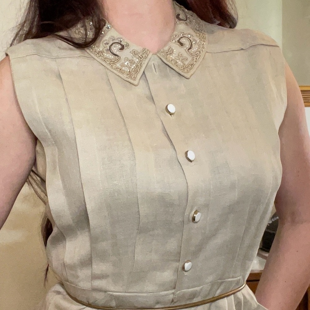 Vintage 1940’s 50s rhinestone beads linen dress pleats buttons Medium M 28”w VLV - Picture 2 of 12
